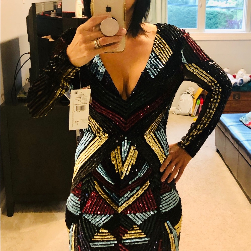 Aidan Long Sleeve Black/Multi Sequins Dress, Sz 4
